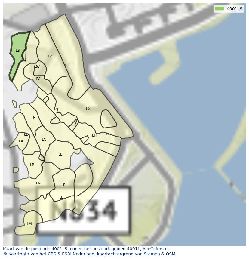 Afbeelding van het postcodegebied 4001 LS op de kaart.