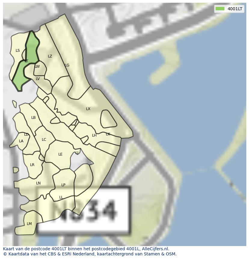 Afbeelding van het postcodegebied 4001 LT op de kaart.