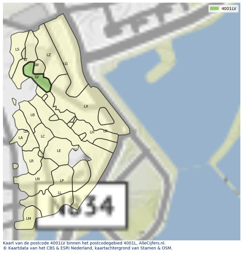 Afbeelding van het postcodegebied 4001 LV op de kaart.