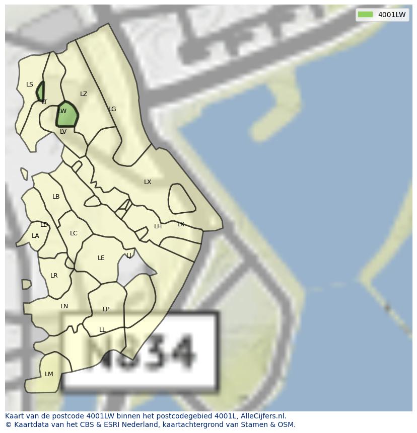 Afbeelding van het postcodegebied 4001 LW op de kaart.
