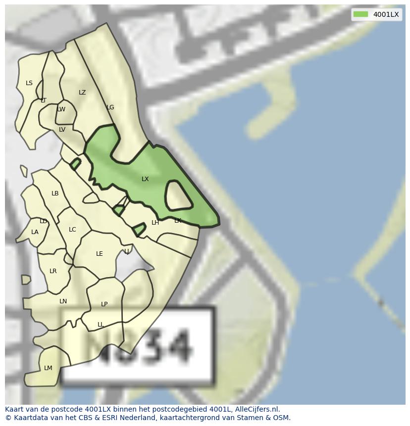 Afbeelding van het postcodegebied 4001 LX op de kaart.