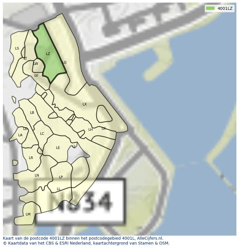 Afbeelding van het postcodegebied 4001 LZ op de kaart.