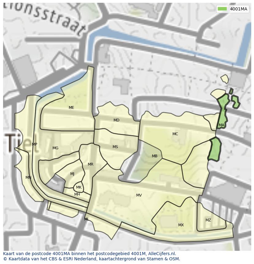 Afbeelding van het postcodegebied 4001 MA op de kaart.