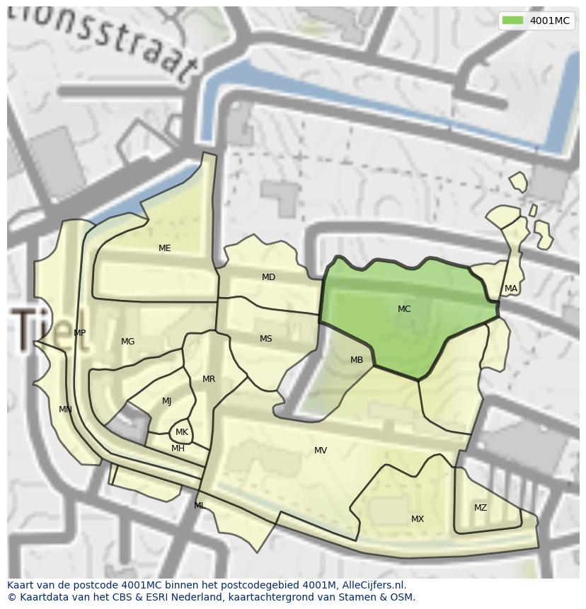 Afbeelding van het postcodegebied 4001 MC op de kaart.