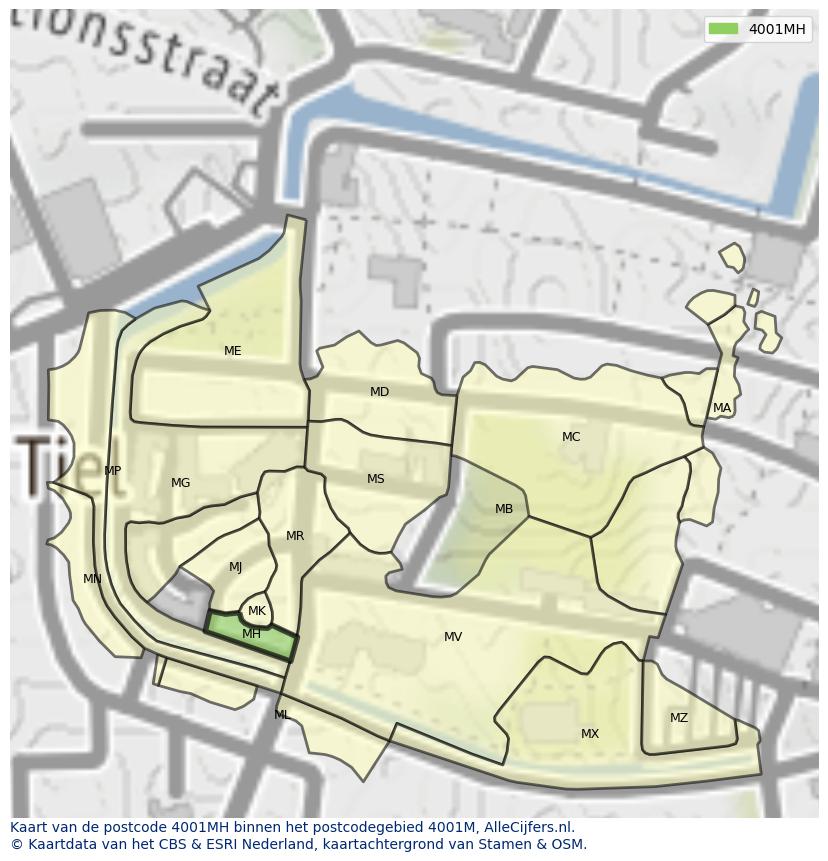 Afbeelding van het postcodegebied 4001 MH op de kaart.