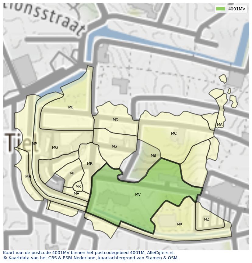 Afbeelding van het postcodegebied 4001 MV op de kaart.