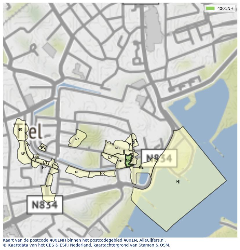 Afbeelding van het postcodegebied 4001 NH op de kaart.