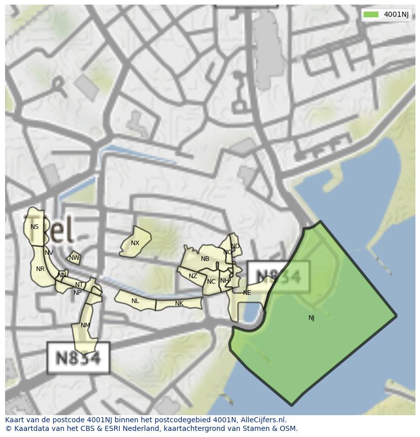 Afbeelding van het postcodegebied 4001 NJ op de kaart.