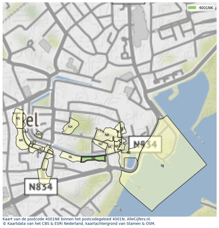 Afbeelding van het postcodegebied 4001 NK op de kaart.