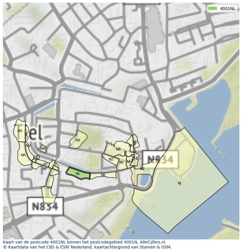Afbeelding van het postcodegebied 4001 NL op de kaart.