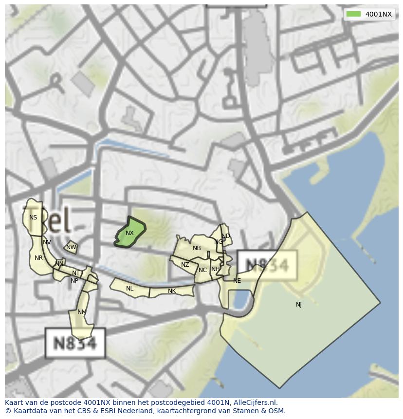 Afbeelding van het postcodegebied 4001 NX op de kaart.