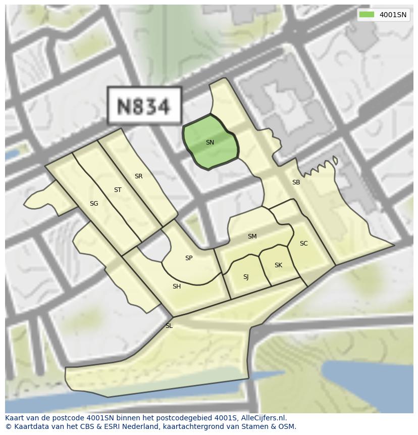 Afbeelding van het postcodegebied 4001 SN op de kaart.