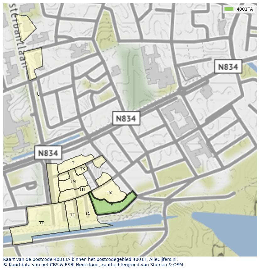 Afbeelding van het postcodegebied 4001 TA op de kaart.
