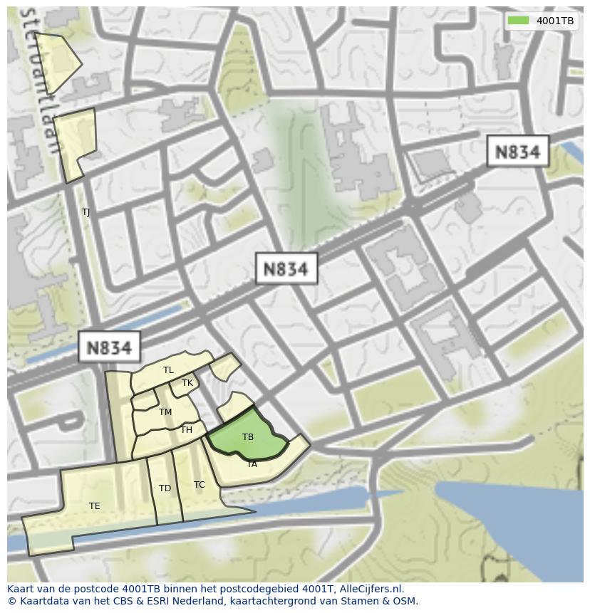 Afbeelding van het postcodegebied 4001 TB op de kaart.