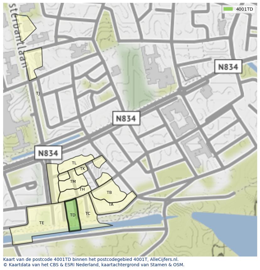 Afbeelding van het postcodegebied 4001 TD op de kaart.