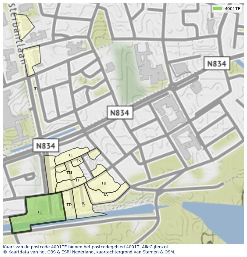 Afbeelding van het postcodegebied 4001 TE op de kaart.