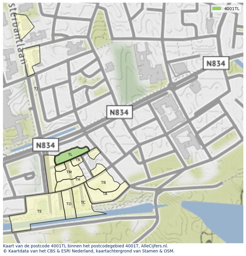 Afbeelding van het postcodegebied 4001 TL op de kaart.