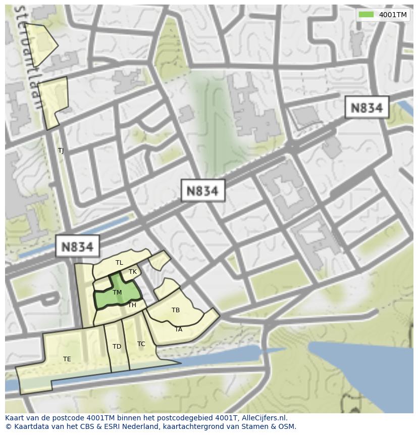 Afbeelding van het postcodegebied 4001 TM op de kaart.