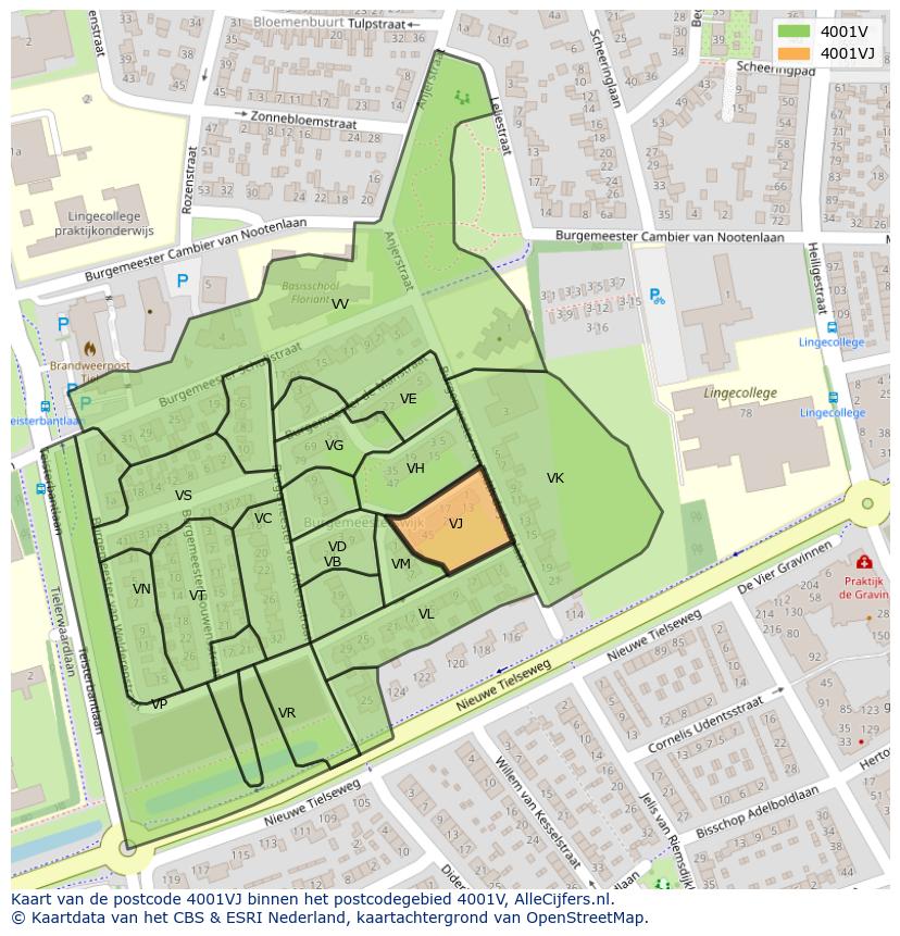 Afbeelding van het postcodegebied 4001 VJ op de kaart.