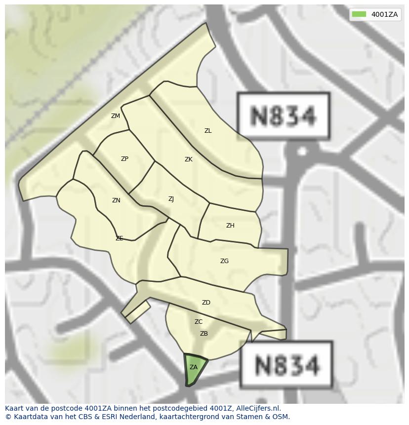 Afbeelding van het postcodegebied 4001 ZA op de kaart.