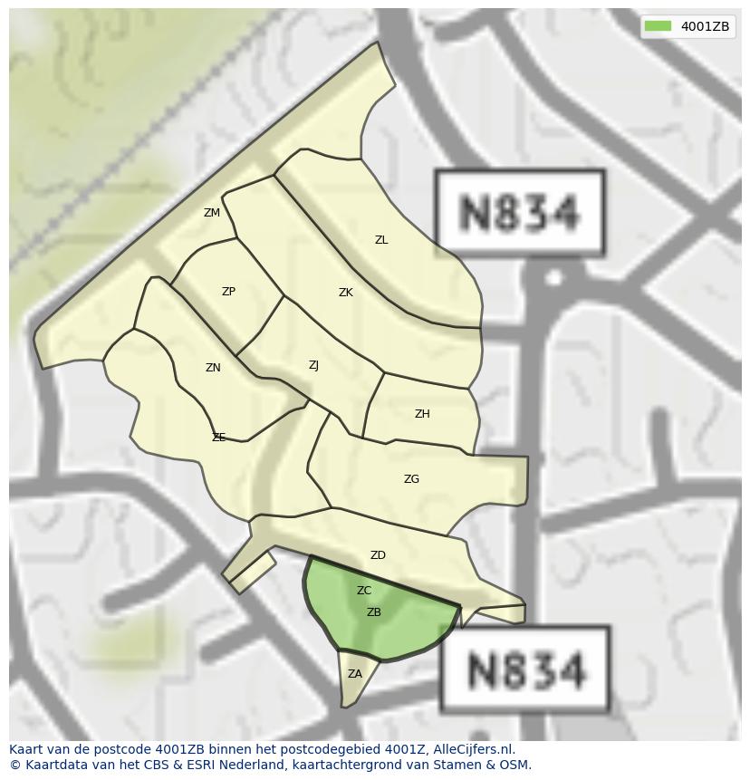 Afbeelding van het postcodegebied 4001 ZB op de kaart.