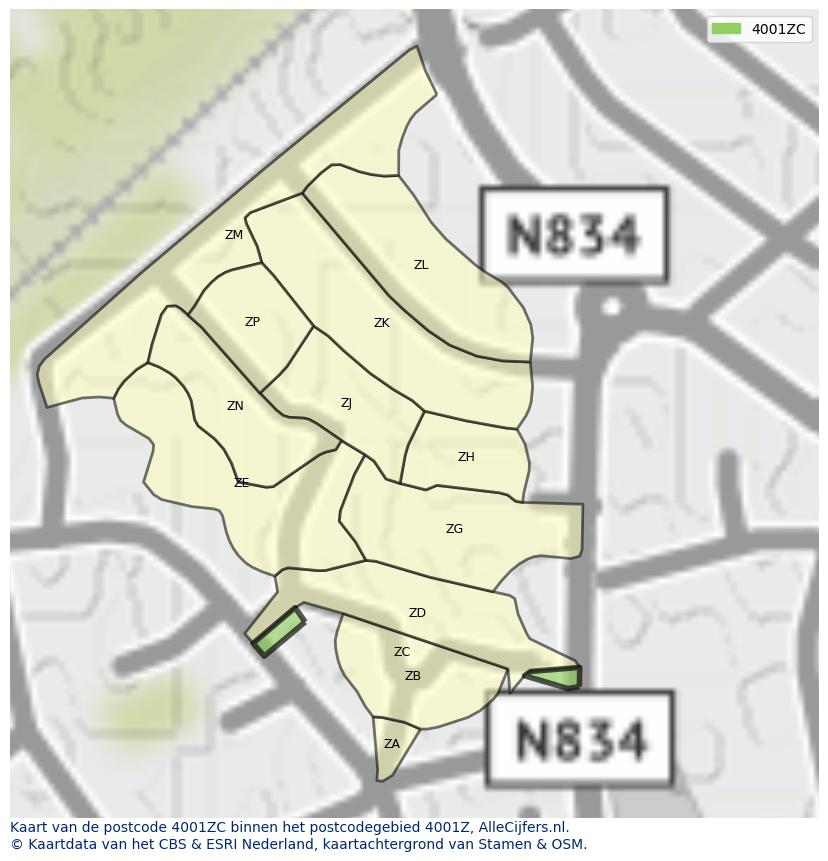 Afbeelding van het postcodegebied 4001 ZC op de kaart.