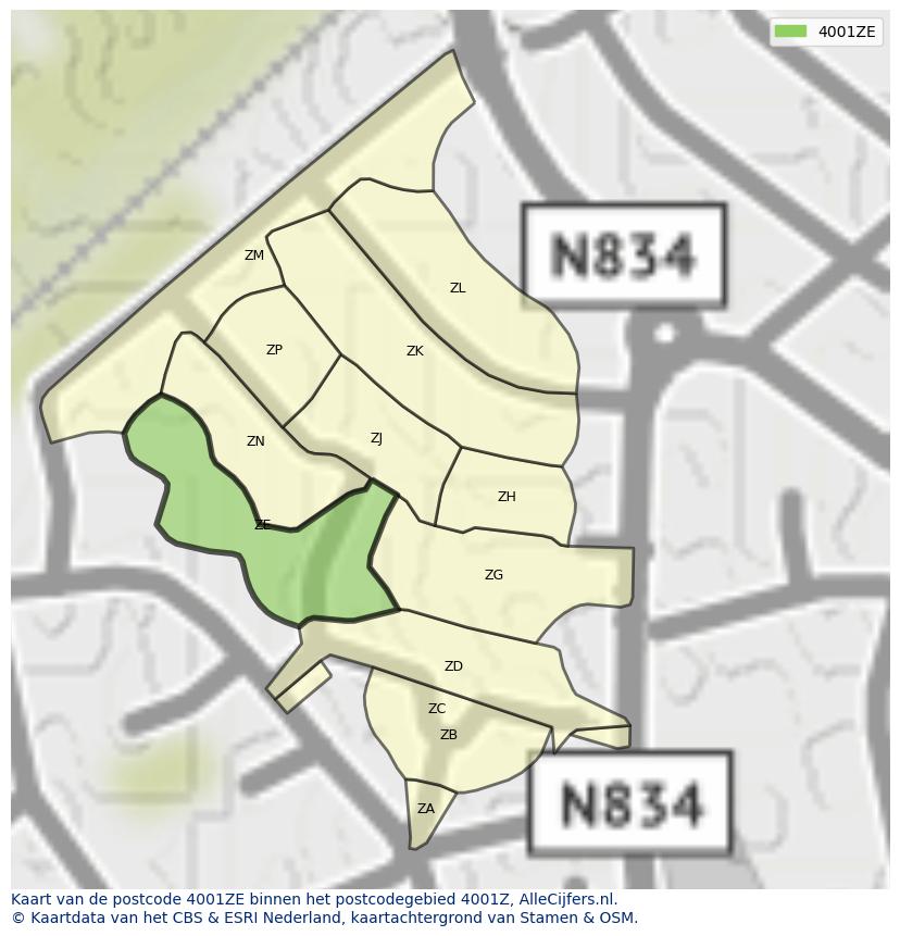 Afbeelding van het postcodegebied 4001 ZE op de kaart.