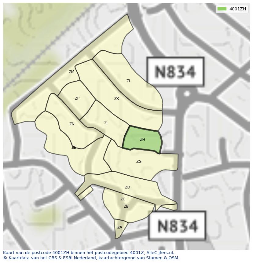 Afbeelding van het postcodegebied 4001 ZH op de kaart.