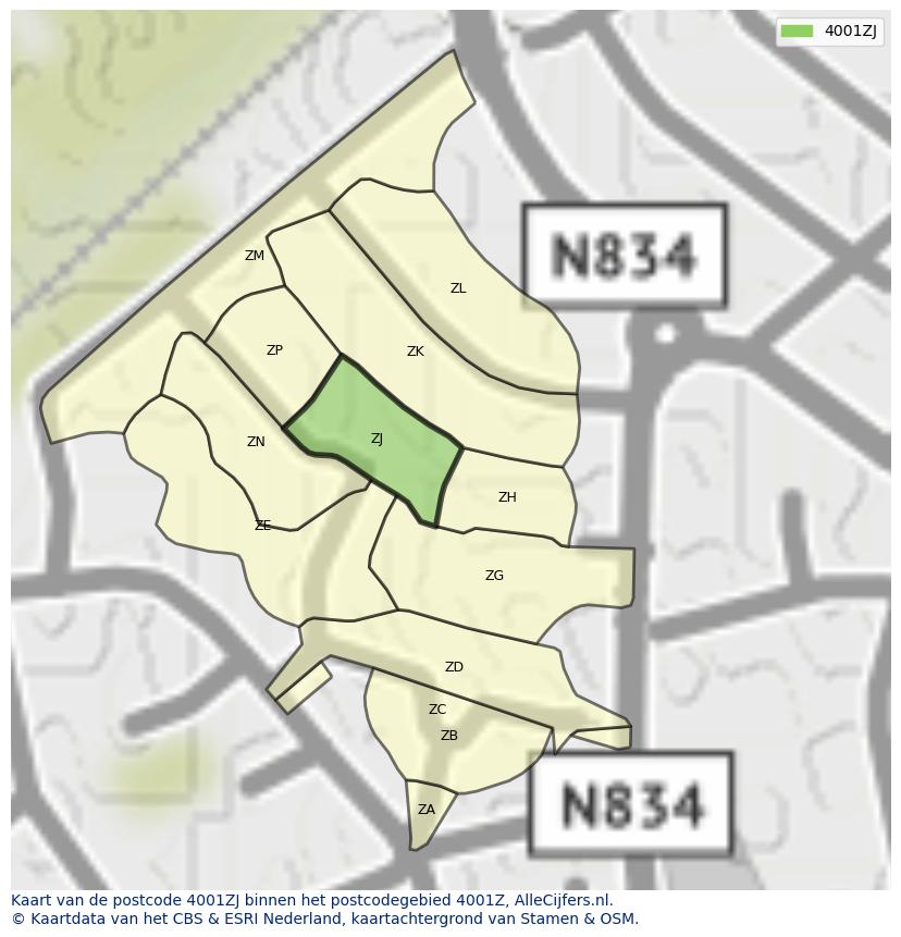 Afbeelding van het postcodegebied 4001 ZJ op de kaart.