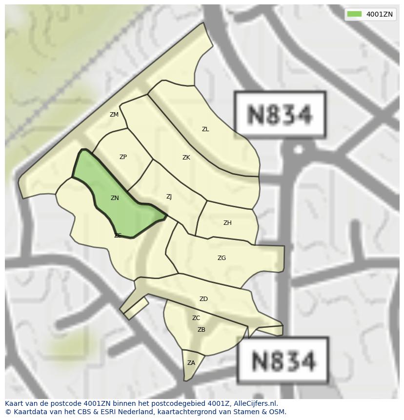Afbeelding van het postcodegebied 4001 ZN op de kaart.