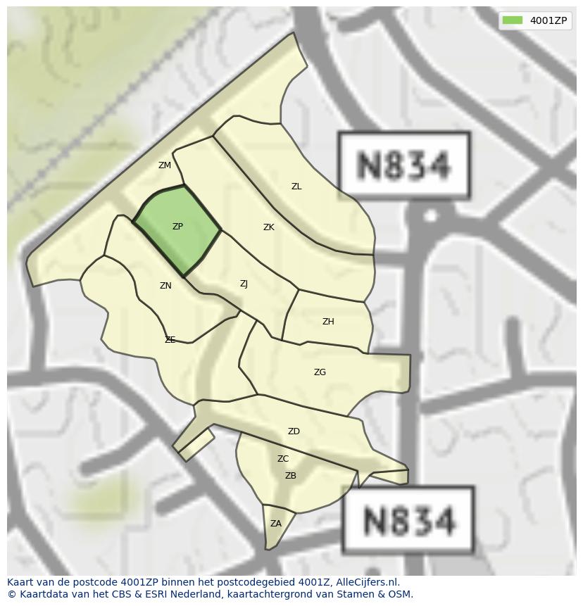 Afbeelding van het postcodegebied 4001 ZP op de kaart.