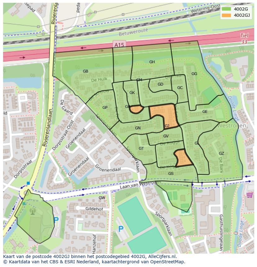 Afbeelding van het postcodegebied 4002 GJ op de kaart.