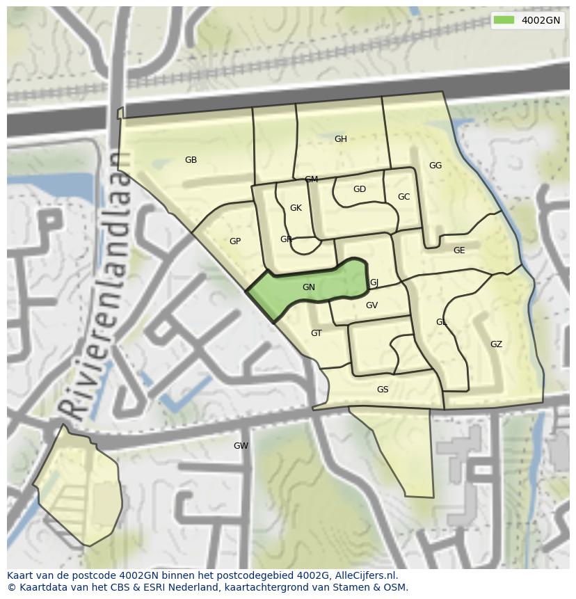 Afbeelding van het postcodegebied 4002 GN op de kaart.