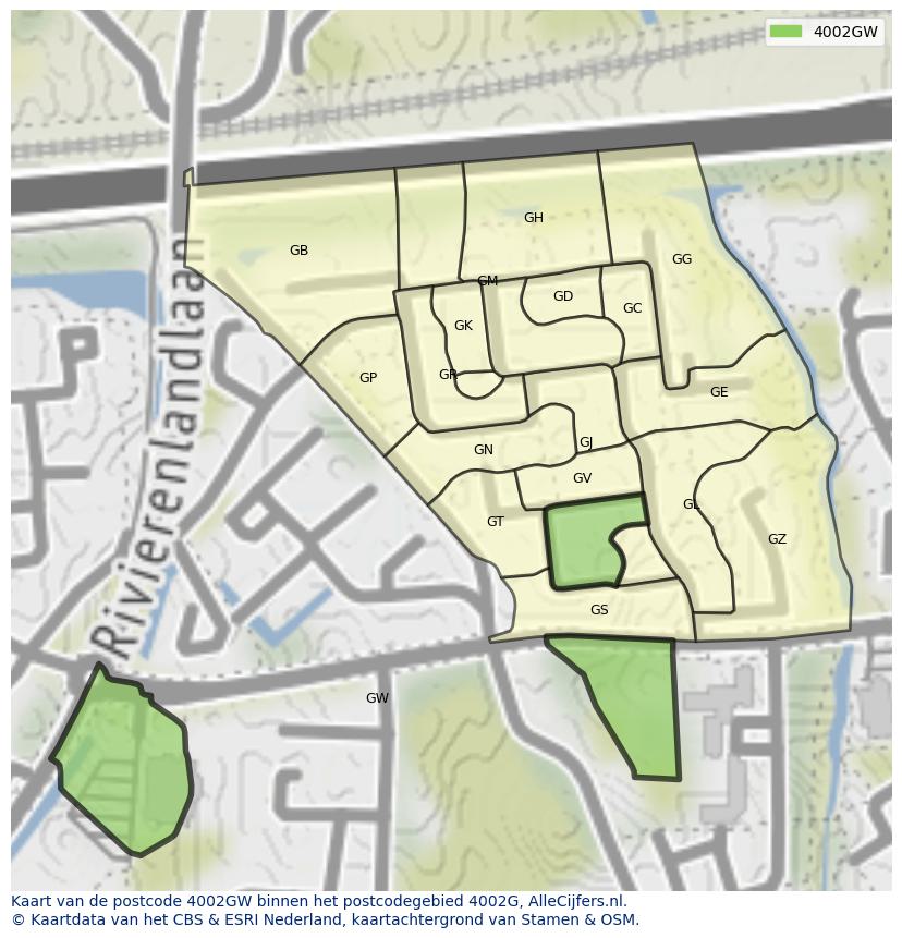 Afbeelding van het postcodegebied 4002 GW op de kaart.