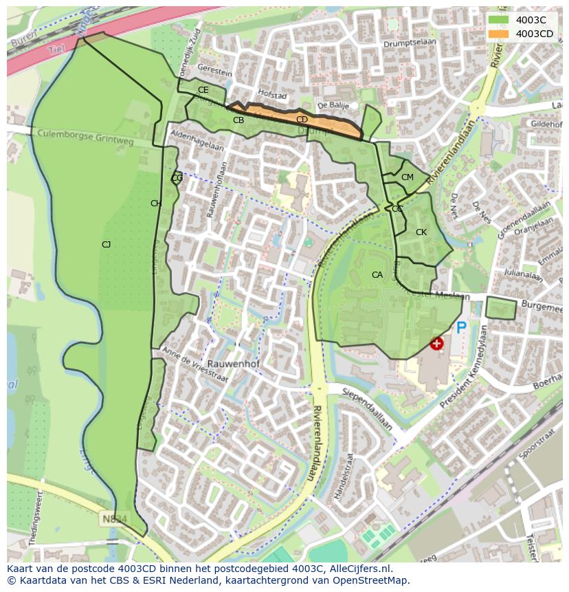 Afbeelding van het postcodegebied 4003 CD op de kaart.
