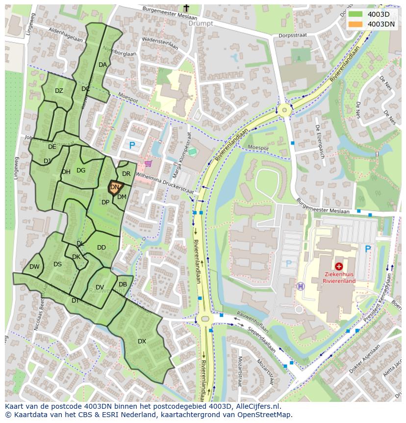 Afbeelding van het postcodegebied 4003 DN op de kaart.
