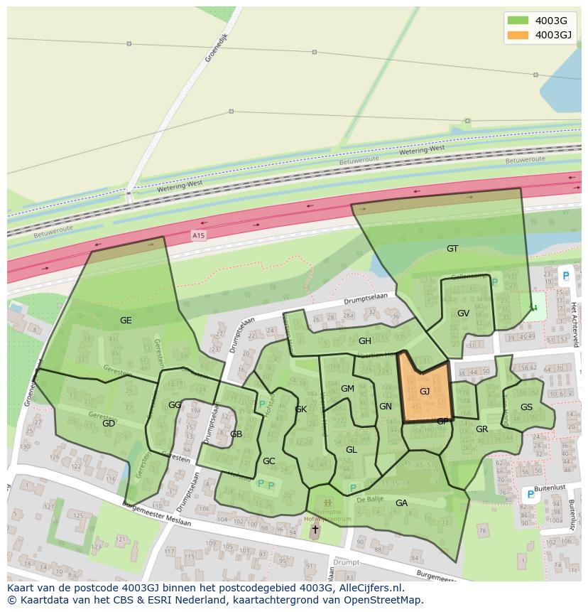 Afbeelding van het postcodegebied 4003 GJ op de kaart.