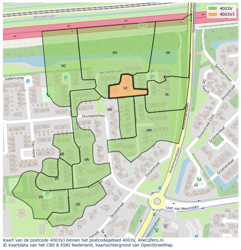 Afbeelding van het postcodegebied 4003 VJ op de kaart.