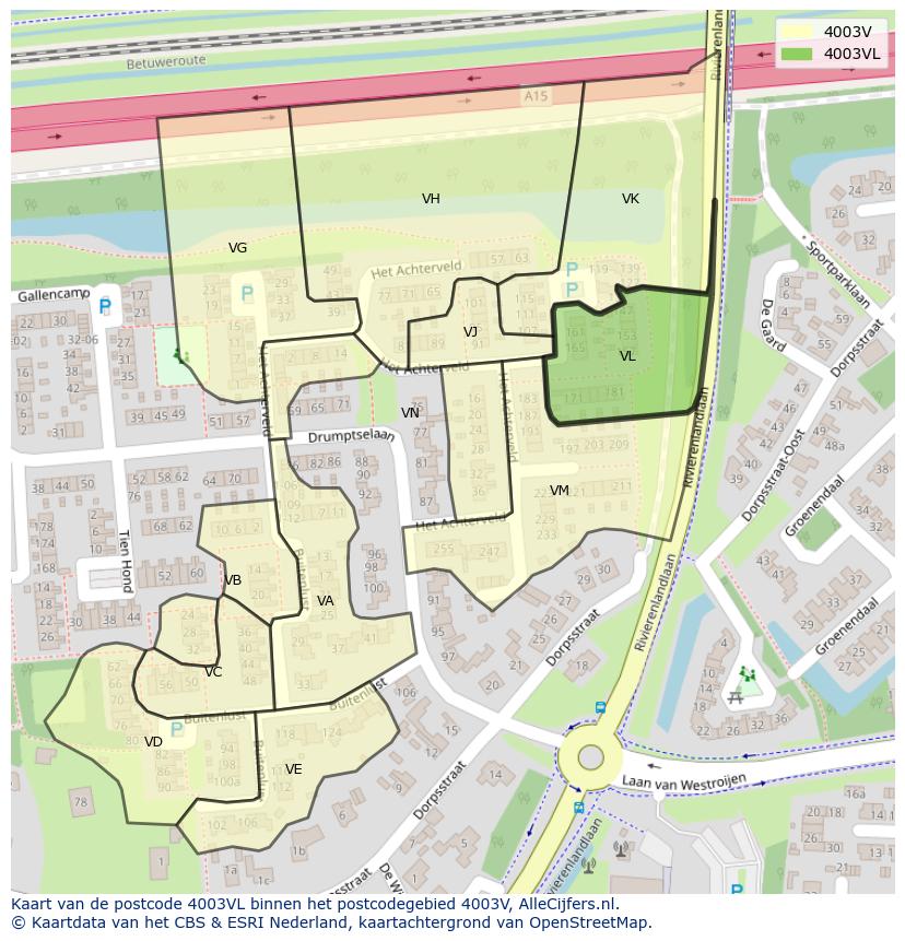 Afbeelding van het postcodegebied 4003 VL op de kaart.