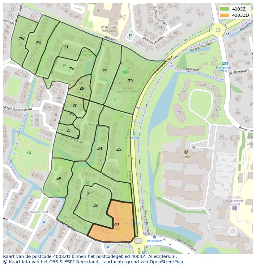 Afbeelding van het postcodegebied 4003 ZD op de kaart.