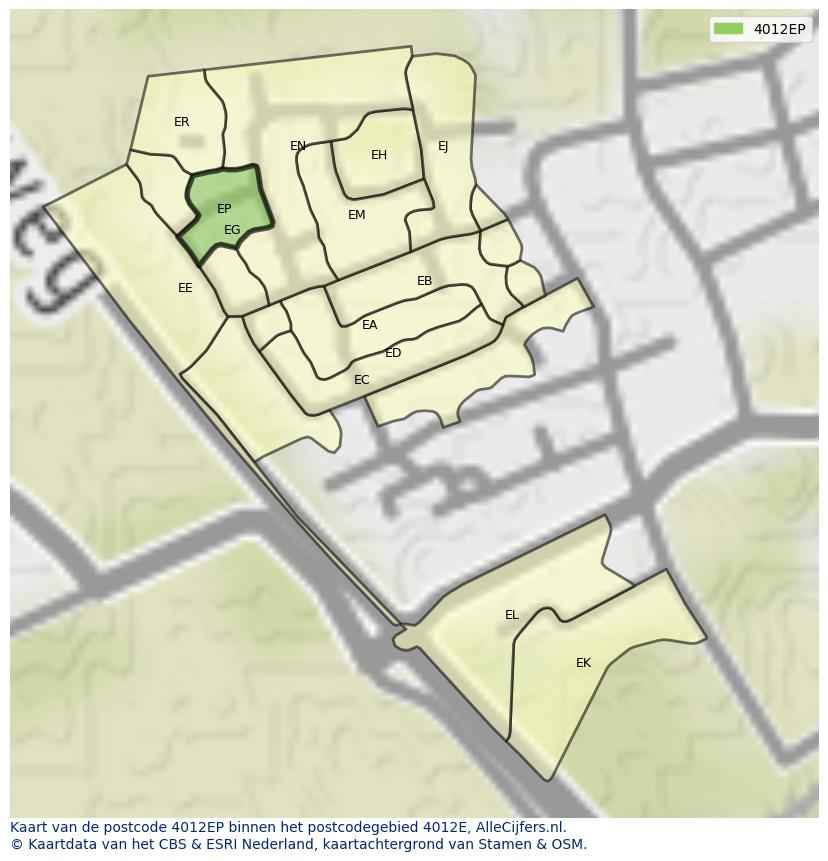 Afbeelding van het postcodegebied 4012 EP op de kaart.