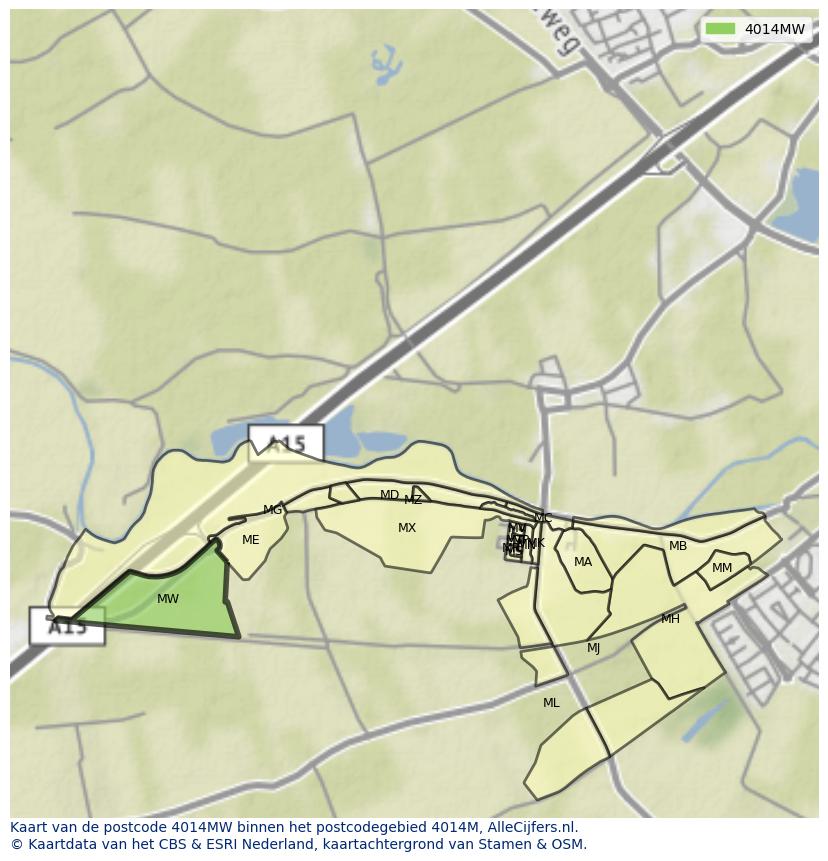 Afbeelding van het postcodegebied 4014 MW op de kaart.