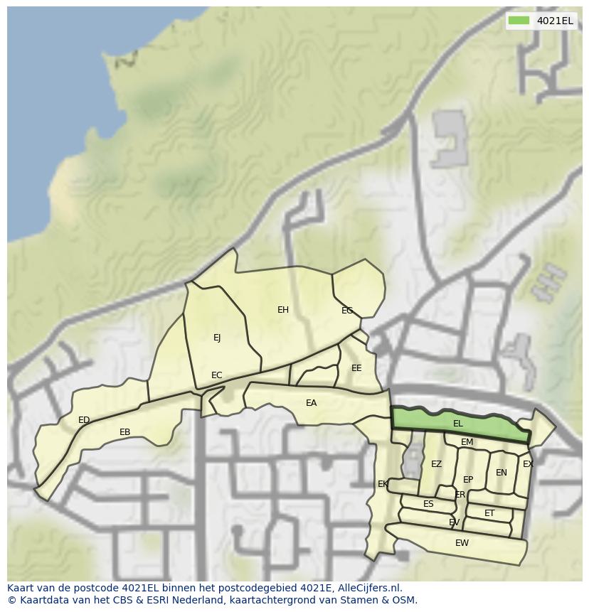 Afbeelding van het postcodegebied 4021 EL op de kaart.