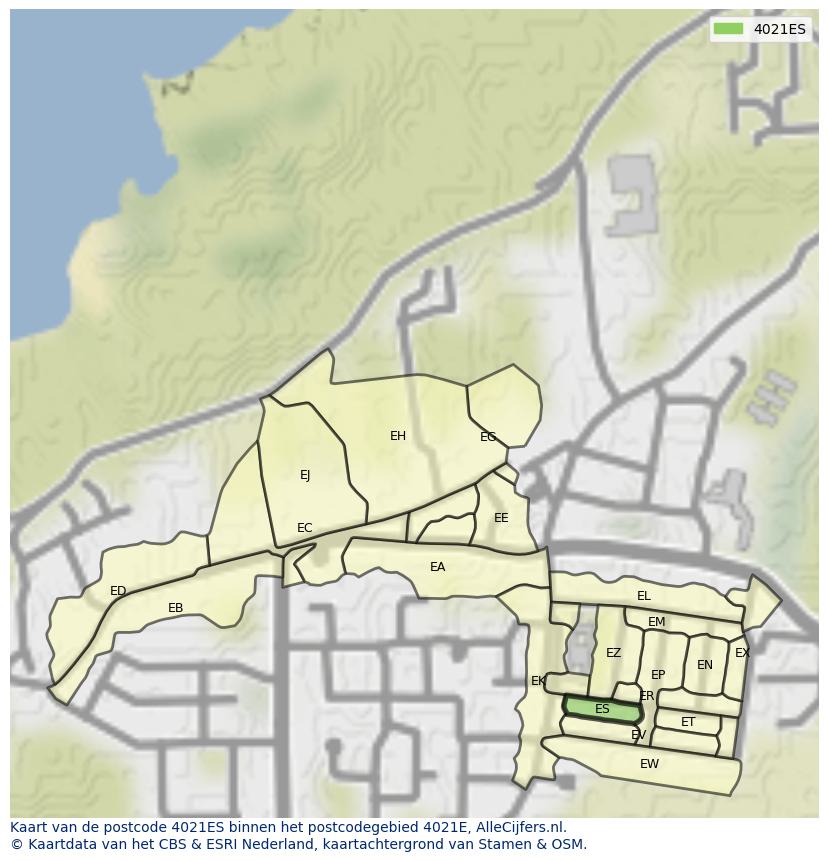 Afbeelding van het postcodegebied 4021 ES op de kaart.