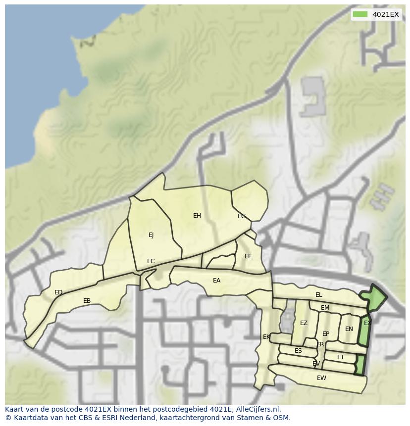 Afbeelding van het postcodegebied 4021 EX op de kaart.