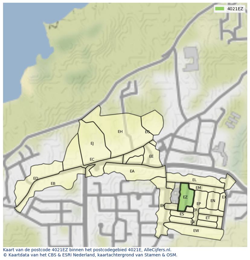 Afbeelding van het postcodegebied 4021 EZ op de kaart.