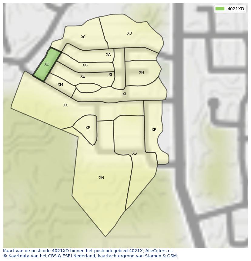 Afbeelding van het postcodegebied 4021 XD op de kaart.