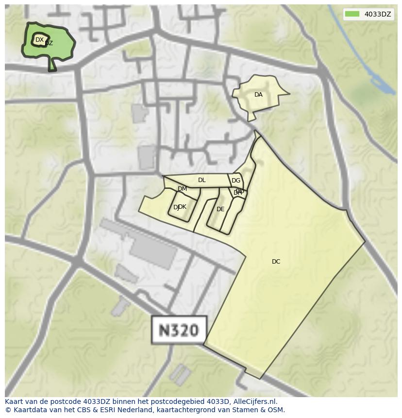 Afbeelding van het postcodegebied 4033 DZ op de kaart.