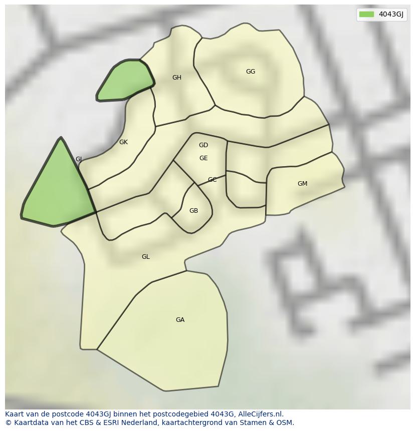 Afbeelding van het postcodegebied 4043 GJ op de kaart.