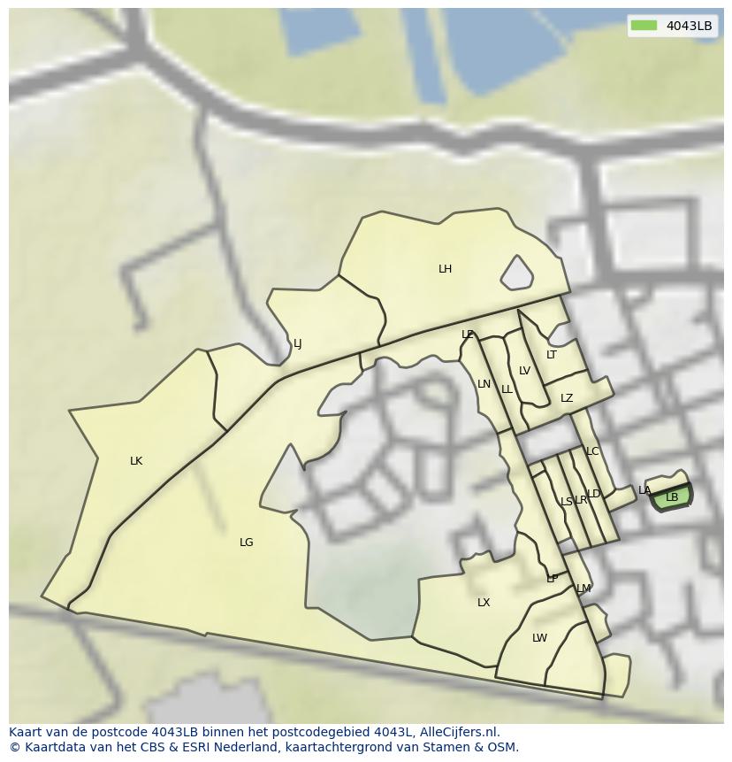 Afbeelding van het postcodegebied 4043 LB op de kaart.